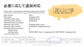 必要に応じて追加対応
Copyrights LOCONDO,Inc. All Rights Reserved.
[sys]> select * from schema_redundant_indexes limit 10,1¥G
*************************** 1. row ***************************
table_schema: demo
table_name: shopping_order
redundant_index_name: shopping_id_idx
redundant_index_columns: shopping_id
redundant_index_non_unique: 1
dominant_index_name: shopping_detail_uq_idx
dominant_index_columns: shopping_id, shopping_detail_id
dominant_index_non_unique: 0
subpart_exists: 0
sql_drop_index: ALTER TABLE `demo`.`shopping_order` DROP INDEX ` shopping_id_idx `
1 row in set (0.22 sec)
1:不要なインデックスの削除
2:必要に応じ文字コード変換
3:PKが無い場合はPKを付与
[sys]> explain select * from demo.shopping_order where shopping_id = 1;
+----+-------------+----------------+------------+------+----------------------------------------+------------------------+---------+-------+------+----------+-------+
| id | select_type | table | partitions | type | possible_keys | key | key_len | ref | rows | filtered | Extra |
+----+-------------+----------------+------------+------+----------------------------------------+------------------------+---------+-------+------+----------+-------+
| 1 | SIMPLE | shopping_order | NULL | ref | shopping_detail_uq_idx,shopping_id_idx | shopping_detail_uq_idx | 4 | const | 1 | 100.00 | NULL |
+----+-------------+----------------+------------+------+----------------------------------------+------------------------+---------+-------+------+----------+-------+
 