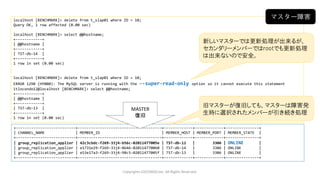 Copyrights LOCONDO,Inc. All Rights Reserved.
localhost [BENCHMARK]> delete from t_slap01 where ID = 10;
Query OK, 1 row affected (0.00 sec)
localhost [BENCHMARK]> select @@hostname;
+------------+
| @@hostname |
+------------+
| TST-db-14 |
+------------+
1 row in set (0.00 sec)
localhost [BENCHMARK]> delete from t_slap01 where ID = 10;
ERROR 1290 (HY000): The MySQL server is running with the --super-read-only option so it cannot execute this statement
itlocondo12@localhost [BENCHMARK]> select @@hostname;
+------------+
| @@hostname |
+------------+
| TST-db-13 |
+------------+
1 row in set (0.00 sec)
マスター障害
+---------------------------+--------------------------------------+-------------+-------------+---------------+
| CHANNEL_NAME | MEMBER_ID | MEMBER_HOST | MEMBER_PORT | MEMBER_STATE |
+---------------------------+--------------------------------------+-------------+-------------+---------------+
| group_replication_applier | 42c3cbdc-f269-33j4-b56c-02011477005e | TST-db-12 | 3306 | ONLINE |
| group_replication_applier | e1731e29-f269-33j4-8646-020114770060 | TST-db-14 | 3306 | ONLINE |
| group_replication_applier | e53e17a3-f269-33j4-98c5-02011477005f | TST-db-13 | 3306 | ONLINE |
+---------------------------+--------------------------------------+-------------+-------------+---------------+
MASTER
復旧
新しいマスターでは更新処理が出来るが、
セカンダリーメンバーではrootでも更新処理
は出来ないので安全。
旧マスターが復旧しても、マスターは障害発
生時に選択されたメンバーが引き続き処理
 