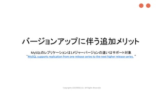 バージョンアップに伴う追加メリット
Copyrights LOCONDO,Inc. All Rights Reserved.
MySQLのレプリケーションは1メジャーバージョンの違いはサポート対象
“MySQL supports replication from one release series to the next higher release series. ”
●●
 
