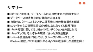 サマリー
■ 移行完了後には、データベースの可用性は99.999%まで向上
■ データベース障害発生時の緊急対応は不要
■ 自動リカバリーによるシステム障害発生時の機会損失を削減
■ ECサイトからの処理は現状の3倍以上になっても処理可能
■ バッチ処理に関しては、細かくトランザクションを分割し対応
■ バックアップはそれぞれの環境にあった方法を選択
■ レポート関連処理に関しては、グループ外スレーブとして
Windows関数、CTEが利用出来るMySQL8.0を活用し生産性を向上
Copyrights LOCONDO,Inc. All Rights Reserved.
●●
 