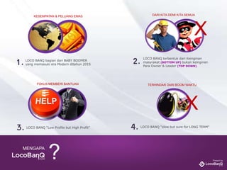 MENGAPA
?
LOCO BANQ bagian dari BABY BOOMER
yang memasuki era Modern ditahun 2015
LOCO BANQ “Low Profile but High Profit”
1.
LOCO BANQ terbentuk dari Keinginan
masyrakat (BOTTOM UP) bukan keinginan
Para Owner & Leader (TOP DOWN)
2.
LOCO BANQ “slow but sure for LONG TERM”
3. 4.
KESEMPATAN & PELUANG EMAS DARI KITA DEMI KITA SEMUA
FOKUS MEMBERI BANTUAN TERHINDAR DARI BOOM WAKTU
X
X
 