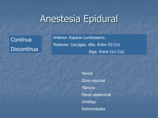 Anestesia Epidural
Contínua
Discontínua
Anterior. Espacio Lumbosacro.
Posterior. Coccígea. Alta. Entre S5-Co1
Baja. Entre Co1-Co2
Periné
Zona inguinal
Flancos
Pared abdominal
Ombligo
Extremidades
 