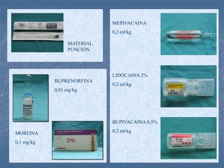 MATERIAL
PUNCIÓN
BUPRENORFINA
0,01 mg/kg
MORFINA
0,1 mg/kg
MEPIVACAINA
0,2 ml/kg
LIDOCAINA 2%
0,2 ml/kg
BUPIVACAINA 0,5%
0,2 ml/kg
 