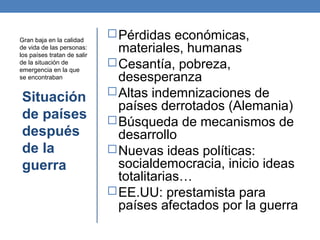 Situación
de países
después
de la
guerra
Pérdidas económicas,
materiales, humanas
Cesantía, pobreza,
desesperanza
Altas...