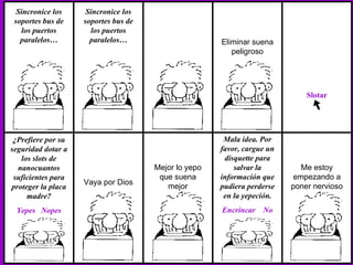 Sincronice los soportes bus de los puertos paralelos… Eliminar suena peligroso Sincronice los soportes bus de los puertos paralelos… Slotar ¿Prefiere por su seguridad dotar a los slots de nanocuantos suficientes para proteger la placa madre? Yepes  Nopes Mejor lo yepo que suena mejor Vaya por Dios Mala idea. Por favor, cargue un disquette para salvar la información que pudiera perderse en la yepeción. Encrincar  No Me estoy empezando a poner nervioso 