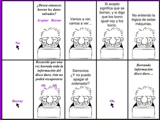 No ¿Desea entonces borrar los datos salvados? Aceptar  Borrar Vamos a ver, vamos a ver… No entiendo la lógica de estas máquinas. Si acepto significa que se borran, y si digo que los borro igual voy y los borro. Borrar Recuerde que una vez borrada toda la información del disco duro, ésta no podrá recuperarse Ok  Ok Ok Demonios ¿Y no puedo apagar el ordenador? Borrando información disco duro… 