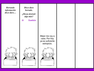 Mejor me voy a casa. Por hoy ya es suficiente estropicio. Borrando información disco duro… Disco duro borrado. ¿Desea destruir algo más? Si  También 