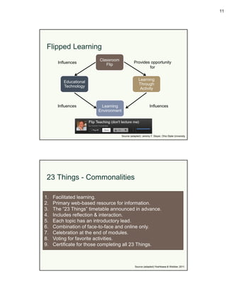 11




 Flipped Learning
                         Classroom
       Influences                                Provides opportunity
                            Flip
                                                         for


                                                     Learning
          Educational
                                                     Through
          Technology
                                                      Activity



       Influences        Learning                              Influences
                        Environment




                                      Source (adapted): Jeremy F. Stayer, Ohio State University




 23 Things - Commonalities

1.   Facilitated learning.
2.   Primary web-based resource for information.
3.   The “23 Things” timetable announced in advance.
4.   Includes reflection & interaction.
5.   Each topic has an introductory lead.
6.   Combination of face-to-face and online only.
7.   Celebration at the end of modules.
8.   Voting for favorite activities.
9.   Certificate for those completing all 23 Things.



                                                 Source (adapted):Yoshikawa & Webber, 2011.
 