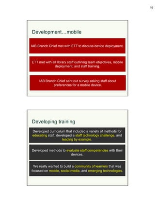 16




Development…mobile

IAB Branch Chief met with ETT to discuss device deployment.



ETT met with all library staff outlining team objectives, mobile
               deployment, and staff training.



     IAB Branch Chief sent out survey asking staff about
              preferences for a mobile device.




Developing training
Developed curriculum that included a variety of methods for
educating staff, developed a staff technology challenge, and
                    leading by example.


Developed methods to evaluate staff competencies with their
                        devices.


 We really wanted to build a community of learners that was
focused on mobile, social media, and emerging technologies.
 