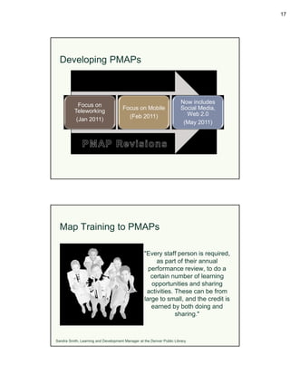 17




  Developing PMAPs



                                                                        Now includes
            Focus on
                                      Focus on Mobile                   Social Media,
          Teleworking
                                        (Feb 2011)                        Web 2.0
           (Jan 2011)
                                                                         (May 2011)




  Map Training to PMAPs

                                                   "Every staff person is required,
                                                        as part of their annual
                                                     performance review, to do a
                                                      certain number of learning
                                                      opportunities and sharing
                                                    activities. These can be from
                                                   large to small, and the credit is
                                                      earned by both doing and
                                                                sharing."



Sandra Smith, Learning and Development Manager at the Denver Public Library.
 