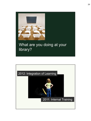 29




What are you doing at your
library?




2012: Integration of Learning




                  2011: Internal Training
 