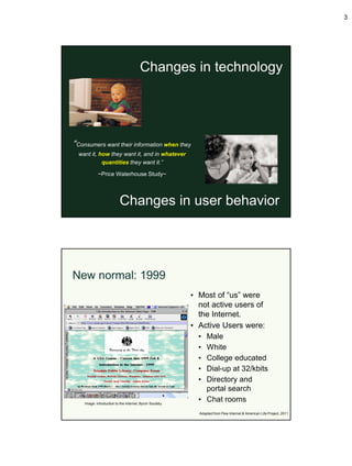 3




                                        Changes in technology




“Consumers want their information when they
 want it, how they want it, and in whatever
           quantities they want it.”

            ~Price Waterhouse Study~




                          Changes in user behavior




New normal: 1999
                                                          • Most of “us” were
                                                            not active users of
                                                            the Internet.
                                                          • Active Users were:
                                                            • Male
                                                            • White
                                                            • College educated
                                                            • Dial-up at 32/kbits
                                                            • Directory and
                                                              portal search
    Image: introduction to the Internet, Byron Soulsby.
                                                            • Chat rooms
                                                            Adapted from Pew Internet & American Life Project, 2011
 