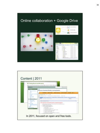 34




Online collaboration + Google Drive




Content | 2011




   In 2011, focused on open and free tools.
 