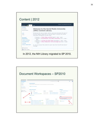 35




Content | 2012




  In 2012, the NIH Library migrated to SP 2010.




Document Workspaces – SP2010
 