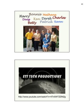 40




     Bonnie MaShana
Harry            Charles
 Doug Ken Derek
    Betty Patrick Karen




http://www.youtube.com/watch?v=4Tn5WTZDNZg
 