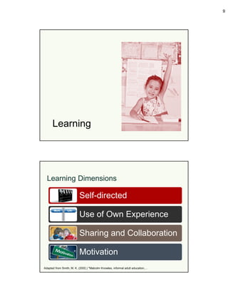 9




      Learning




  Learning Dimensions

                          Self-directed

                          Use of Own Experience

                          Sharing and Collaboration

                          Motivation
Adapted from Smith, M. K. (2002,) "Malcolm Knowles, informal adult education,…
 