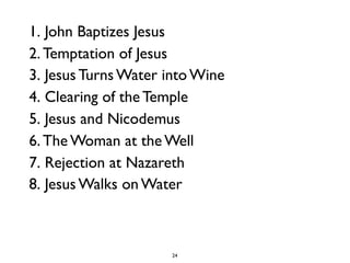 24
1. John Baptizes Jesus
2. Temptation of Jesus
3. Jesus Turns Water into Wine
4. Clearing of the Temple
5. Jesus and Nicodemus
6. The Woman at the Well
7. Rejection at Nazareth
8. Jesus Walks on Water
 