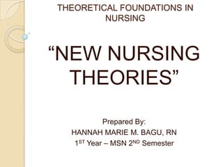 THEORETICAL FOUNDATIONS IN
NURSING
“NEW NURSING
THEORIES”
Prepared By:
HANNAH MARIE M. BAGU, RN
1ST Year – MSN 2ND Semester
 