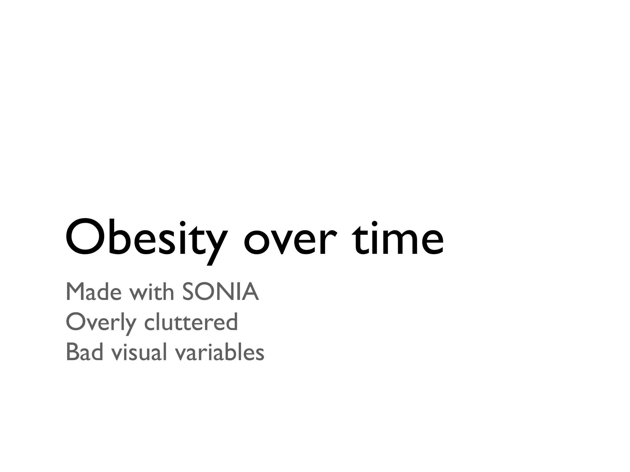 Obesity over time
Made with SONIA
Overly cluttered
Bad visual variables
 