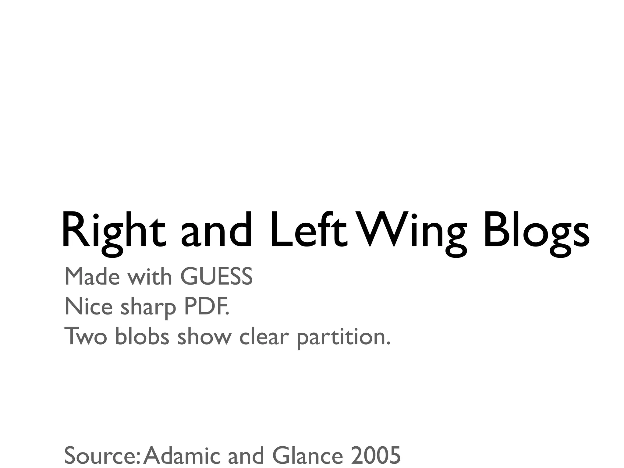 Right and Left Wing Blogs
Made with GUESS
Nice sharp PDF.
Two blobs show clear partition.



Source: Adamic and Glance 2005
 