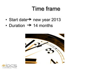 Time frame
• Start date   new year 2013
• Duration     14 months
 