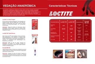 VEDAÇÃO ANAERÓBICA                                                                       Características Técnicas
 As soluções Loctite® para vedação de roscas vedam e travam conexões rosqueadas.
 Através do preenchimento do espaço livre entre as roscas, estes produtos previnem
 vazamentos. Projetados para aplicações em alta e baixa pressão, os veda roscas vedam o
 suficiente para testes com baixa pressão. Quando curados vedam até a capacidade
 máxima da maioria dos sistemas de tubulação. Para reparos posteriores, as partes podem
 ser desmontadas com ferramentas manuais simples.



Loctite® 518 Veda Flanges
Elimina juntas de sistemas flangeados. Fácil aplicação para
                                                                                           Características         Loctite 518   Loctite 567   Característica s
                                                                                                                                                                  Terostat
qualquer formato; veda de imediato até 17 bar (250 psi),
resiste a pressões após cura de até 10.000 psi. Elimina
                                                                                                                                                                  MS 930
estoque de juntas.Desmontagem com ferramentas                                                                                                    Viscosidade
convencionais.                                                                             Folga máx.                                                (cP)            Pasta
                                                                                           (mm)                       0,25          0,50
Aplicações: Tampas de câmbio, de diferencial, válvula
                                                                                                                                                Folga Máxima
termostática; bomba d´água; carcaça do volante; peça                                                                                                (mm)
                                                                                                                                                                       6
intermediária da caixa de distribuição de motores e sistemas                               Viscosidade               800.000       540.000
flangeados em geral.                                                                       (c.P)
                                                                                                                                                 Resistência
                                                                                                                                                  a Tração         0,9 MPa
                                                                                                                                                  (N/mm²)
                                                                                           Resistência à               150          204
Loctite® 567 Veda Roscas                                                                   Temperatura ºC                                          Faixa de        -30 a 80°C
                                                                                                                                                 Temperatura      (picos 120°C)
Veda roscas com PTFE para qualquer conjunto rosqueado.                                     Tempo de cura parcial
                                                                                                                       30            180           Dureza
Evita entupimentos, não contamina o sistema, veda                                          (minutos)                                                                   27
                                                                                                                                                   Shore A
instantaneamente até 17 bar (250 psi), em conexões NPT.
Facilita o posicionamento das peças e equipamentos (ex.:
cotovelo, “T”, manômetro etc). Desmontagem com                                             Cura total                  24h           24h                              300
                                                                                                                                                 Alongamento
ferramentas convencionais.

Aplicações: Bujão do óleo do cárter; sensores de
temperatura, de pressão, etc. Conexões roscadas da
tubulação de combustível, ar, água e óleo; bujões roscados
no bloco e conexões em geral.

Terostat MS 930
Adesivo/selante elástico indicado para vedação de juntas de
madeira, plásticos e metais,nas mais diversas configurações,
podendo ser pintadas ou não.

Aplicações: Vedação de juntas de diversos materiais na
construção e manutenção de silos e containers, etc. Vedação
de tubulações e flanges. Diversas aplicações na manutenção
de carretas e ônibus.
 