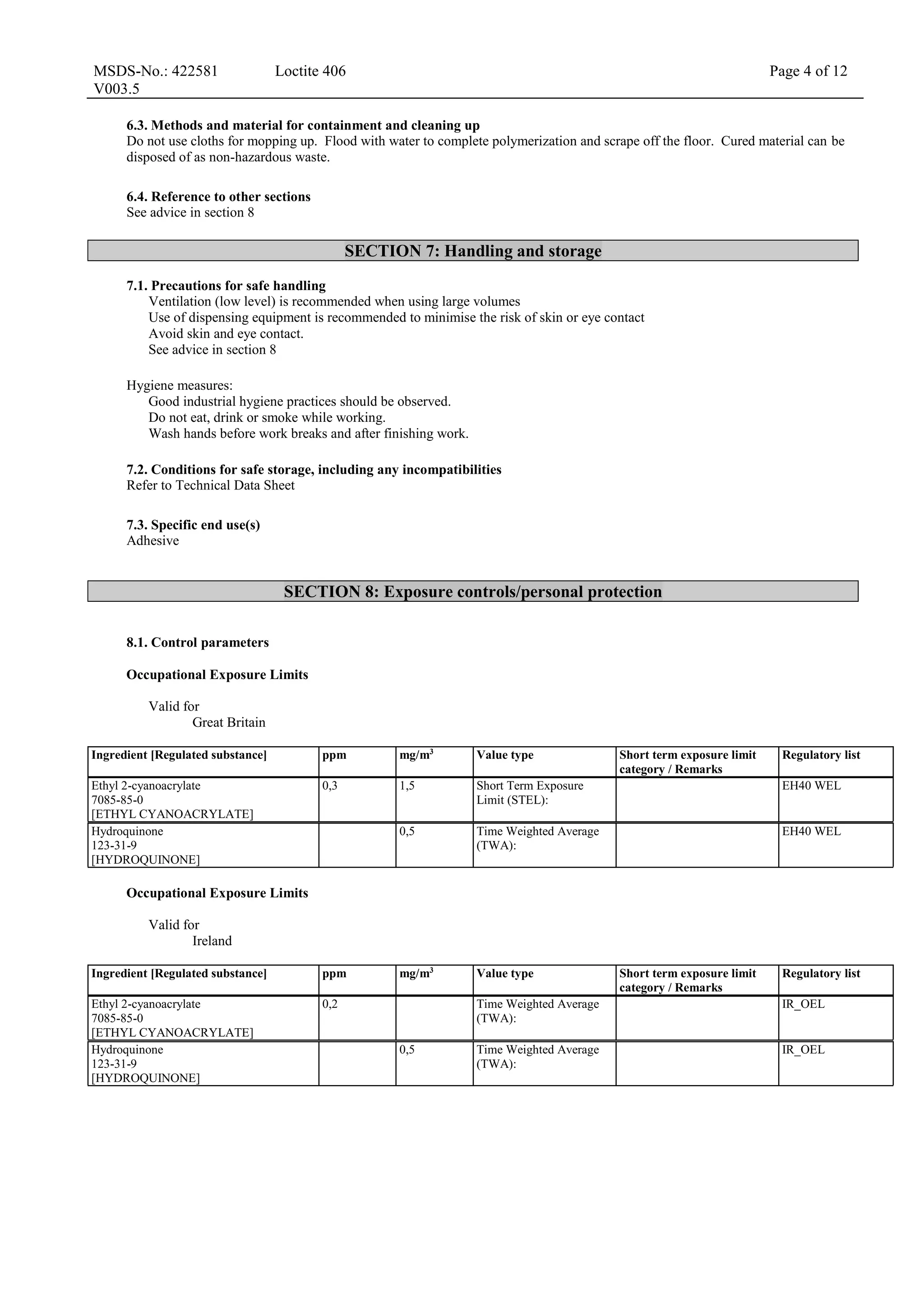 MSDS-No.: 422581
V003.5
Loctite 406 Page 4 of 12
6.3. Methods and material for containment and cleaning up
Do not use cloths for mopping up. Flood with water to complete polymerization and scrape off the floor. Cured material can be
disposed of as non-hazardous waste.
6.4. Reference to other sections
See advice in section 8
SECTION 7: Handling and storage
7.1. Precautions for safe handling
Ventilation (low level) is recommended when using large volumes
Use of dispensing equipment is recommended to minimise the risk of skin or eye contact
Avoid skin and eye contact.
See advice in section 8
Hygiene measures:
Good industrial hygiene practices should be observed.
Do not eat, drink or smoke while working.
Wash hands before work breaks and after finishing work.
7.2. Conditions for safe storage, including any incompatibilities
Refer to Technical Data Sheet
7.3. Specific end use(s)
Adhesive
SECTION 8: Exposure controls/personal protection
8.1. Control parameters
Occupational Exposure Limits
Valid for
Great Britain
Ingredient [Regulated substance] ppm mg/m3
Value type Short term exposure limit
category / Remarks
Regulatory list
Ethyl 2-cyanoacrylate
7085-85-0
[ETHYL CYANOACRYLATE]
0,3 1,5 Short Term Exposure
Limit (STEL):
EH40 WEL
Hydroquinone
123-31-9
[HYDROQUINONE]
0,5 Time Weighted Average
(TWA):
EH40 WEL
Occupational Exposure Limits
Valid for
Ireland
Ingredient [Regulated substance] ppm mg/m3
Value type Short term exposure limit
category / Remarks
Regulatory list
Ethyl 2-cyanoacrylate
7085-85-0
[ETHYL CYANOACRYLATE]
0,2 Time Weighted Average
(TWA):
IR_OEL
Hydroquinone
123-31-9
[HYDROQUINONE]
0,5 Time Weighted Average
(TWA):
IR_OEL
 