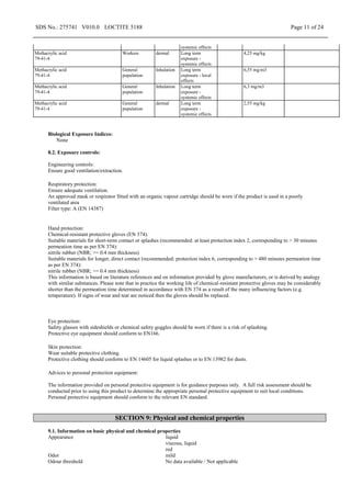 SDS No.: 275741 V010.0 LOCTITE 5188 Page 11 of 24
systemic effects
Methacrylic acid
79-41-4
Workers dermal Long term
exposure -
systemic effects
4,25 mg/kg
Methacrylic acid
79-41-4
General
population
Inhalation Long term
exposure - local
effects
6,55 mg/m3
Methacrylic acid
79-41-4
General
population
Inhalation Long term
exposure -
systemic effects
6,3 mg/m3
Methacrylic acid
79-41-4
General
population
dermal Long term
exposure -
systemic effects
2,55 mg/kg
Biological Exposure Indices:
None
8.2. Exposure controls:
Engineering controls:
Ensure good ventilation/extraction.
Respiratory protection:
Ensure adequate ventilation.
An approved mask or respirator fitted with an organic vapour cartridge should be worn if the product is used in a poorly
ventilated area
Filter type: A (EN 14387)
Hand protection:
Chemical-resistant protective gloves (EN 374).
Suitable materials for short-term contact or splashes (recommended: at least protection index 2, corresponding to > 30 minutes
permeation time as per EN 374):
nitrile rubber (NBR; >= 0.4 mm thickness)
Suitable materials for longer, direct contact (recommended: protection index 6, corresponding to > 480 minutes permeation time
as per EN 374):
nitrile rubber (NBR; >= 0.4 mm thickness)
This information is based on literature references and on information provided by glove manufacturers, or is derived by analogy
with similar substances. Please note that in practice the working life of chemical-resistant protective gloves may be considerably
shorter than the permeation time determined in accordance with EN 374 as a result of the many influencing factors (e.g.
temperature). If signs of wear and tear are noticed then the gloves should be replaced.
Eye protection:
Safety glasses with sideshields or chemical safety goggles should be worn if there is a risk of splashing.
Protective eye equipment should conform to EN166.
Skin protection:
Wear suitable protective clothing.
Protective clothing should conform to EN 14605 for liquid splashes or to EN 13982 for dusts.
Advices to personal protection equipment:
The information provided on personal protective equipment is for guidance purposes only. A full risk assessment should be
conducted prior to using this product to determine the appropriate personal protective equipment to suit local conditions.
Personal protective equipment should conform to the relevant EN standard.
SECTION 9: Physical and chemical properties
9.1. Information on basic physical and chemical properties
Appearance liquid
viscous, liquid
red
Odor mild
Odour threshold No data available / Not applicable
 