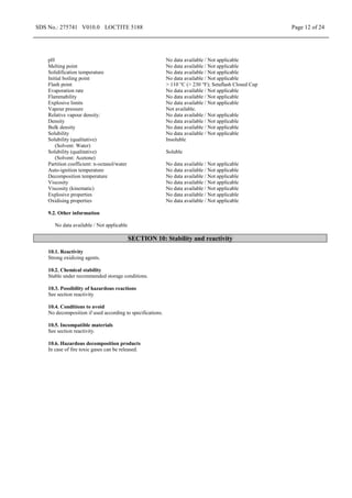 SDS No.: 275741 V010.0 LOCTITE 5188 Page 12 of 24
pH No data available / Not applicable
Melting point No data available / Not applicable
Solidification temperature No data available / Not applicable
Initial boiling point No data available / Not applicable
Flash point > 110 °C (> 230 °F); Setaflash Closed Cup
Evaporation rate No data available / Not applicable
Flammability No data available / Not applicable
Explosive limits No data available / Not applicable
Vapour pressure Not available.
Relative vapour density: No data available / Not applicable
Density No data available / Not applicable
Bulk density No data available / Not applicable
Solubility No data available / Not applicable
Solubility (qualitative)
(Solvent: Water)
Insoluble
Solubility (qualitative)
(Solvent: Acetone)
Soluble
Partition coefficient: n-octanol/water No data available / Not applicable
Auto-ignition temperature No data available / Not applicable
Decomposition temperature No data available / Not applicable
Viscosity No data available / Not applicable
Viscosity (kinematic) No data available / Not applicable
Explosive properties No data available / Not applicable
Oxidising properties No data available / Not applicable
9.2. Other information
No data available / Not applicable
SECTION 10: Stability and reactivity
10.1. Reactivity
Strong oxidizing agents.
10.2. Chemical stability
Stable under recommended storage conditions.
10.3. Possibility of hazardous reactions
See section reactivity
10.4. Conditions to avoid
No decomposition if used according to specifications.
10.5. Incompatible materials
See section reactivity.
10.6. Hazardous decomposition products
In case of fire toxic gases can be released.
 