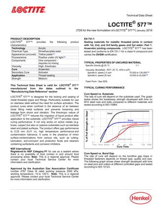 Technical Data Sheet
LOCTITE®
577™
(TDS for the new formulation of LOCTITE®
577™) January-2016
PRODUCT DESCRIPTION
LOCTITE®
577™ provides the following product
characteristics:
Technology Acrylic
Chemical Type Dimethacrylate ester
Appearance (uncured) Yellow pasteLMS
Fluorescence Positive under UV lightLMS
Components One component -
requires no mixing
Viscosity High, thixotropic
Cure Anaerobic
Secondary Cure Activator
Application Thread sealing
Strength Medium
This Technical Data Sheet is valid for LOCTITE®
577™
manufactured from the dates outlined in the
"Manufacturing Date Reference" section
LOCTITE®
577™ is designed for the locking and sealing of
metal threaded pipes and fittings. Particularly suitable for use
on stainless steel without the need for surface activation. The
product cures when confined in the absence of air between
close fitting metal surfaces and prevents loosening and
leakage from shock and vibration. The thixotropic nature of
LOCTITE®
577™ reduces the migration of liquid product after
application to the substrate. LOCTITE®
577™ provides robust
curing performance. It not only works on active metals (e.g.
brass, copper) but also on passive substrates such as stainless
steel and plated surfaces. The product offers gap performance
to 0.25 mm (0.01 in), high temperature performance and
contamination tolerance. It cures in the presence of minor
surface contaminations from various oils, such as cutting,
lubrication, anti-corrosion and protection fluids and cleaners
containing surfactants and corrosion inhibitors.
NSF International
Registered to NSF Category P1 for use as a sealant where
there is no possibilty of food contact in and around food
processing areas. Note: This is a regional approval. Please
contact your local Technical Service Center for more
information and clarification.
Approved by the Australian Gas Association Certificate
number 4787 Class III rated working pressure 2000 kPa,
working temperature -10 to 135°C. Note: This is a regional
approval. Please contact your local Technical Service Center
for more information and clarification.
EN 751-1
Sealing materials for metallic threaded joints in contact
with 1st, 2nd, and 3rd family gases and hot water; Part 1:
Anaerobic jointing compounds. LOCTITE®
577™ has been
tested and conforms to EN 751-1 for a class H compound and
carries the DVGW certification.
TYPICAL PROPERTIES OF UNCURED MATERIAL
Specific Gravity @ 25 °C 1.1
Viscosity, Brookfield - RVT, 25 °C, mPa·s (cP):
Spindle 6, speed 2.5 rpm 70,000 to 130,000LMS
Spindle 6, speed 20 rpm 16,000 to 33,000LMS
Flash Point - See SDS
TYPICAL CURING PERFORMANCE
Cure Speed vs. Substrate
The rate of cure will depend on the substrate used. The graph
below shows the breakaway strength developed with time on
M10 steel nuts and bolts compared to different materials and
tested according to ISO 10964.
%ofFullStrengthonSteel
Cure Time
100
75
50
25
0
1min 5min 30min 1h 3h 6h 24h 72h 168h
Steel
Brass
Stainless steel
Zinc dichromate
Cure Speed vs. Bond Gap
The rate of cure will depend on the bondline gap. Gaps in
threaded fasteners depends on thread type, quality and size.
The following graph shows shear strength developed with time
on steel pins and collars at different controlled gaps and tested
according to ISO 10123.
 
