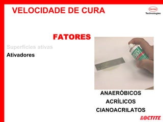 Superfícies ativas
Ativadores
Aquecimento
Folga
Limpeza
VELOCIDADE DE CURA
FATORES
ANAERÓBICOS
ACRÍLICOS
CIANOACRILATOS
 