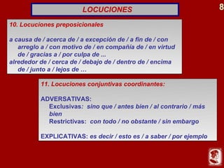 LOCUCIONES                                  8
10. Locuciones preposicionales

a causa de / acerca de / a excepción de / a fin de / con
   arreglo a / con motivo de / en compañía de / en virtud
   de / gracias a / por culpa de ...
alrededor de / cerca de / debajo de / dentro de / encima
   de / junto a / lejos de …

          11. Locuciones conjuntivas coordinantes:

          ADVERSATIVAS:
            Exclusivas: sino que / antes bien / al contrario / más
            bien
            Restrictivas: con todo / no obstante / sin embargo

          EXPLICATIVAS: es decir / esto es / a saber / por ejemplo
 