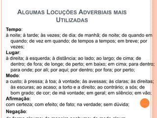 Algumas Locuções Adverbiais mais UtilizadasTempo: à noite; à tarde; às vezes; de dia; de manhã; de noite; de quando em quando; de vez em quando; de tempos a tempos; em breve; por vezes;Lugar: à direita; à esquerda; à distância; ao lado; ao largo; de cima; de dentro; de fora; de longe; de perto; em baixo; em cima; para dentro; para onde; por ali; por aqui; por dentro; por fora; por perto;Modo: a custo; à pressa; à toa; à vontade; às avessas; às claras; às direitas; às escuras; ao acaso; a torto e a direito; ao contrário; a sós; de bom grado; de cor; de má vontade; em geral; em silêncio; em vão;Afirmação: com certeza; com efeito; de fato; na verdade; sem dúvida;Negação: de forma alguma; de maneira nenhuma; de modo algum.