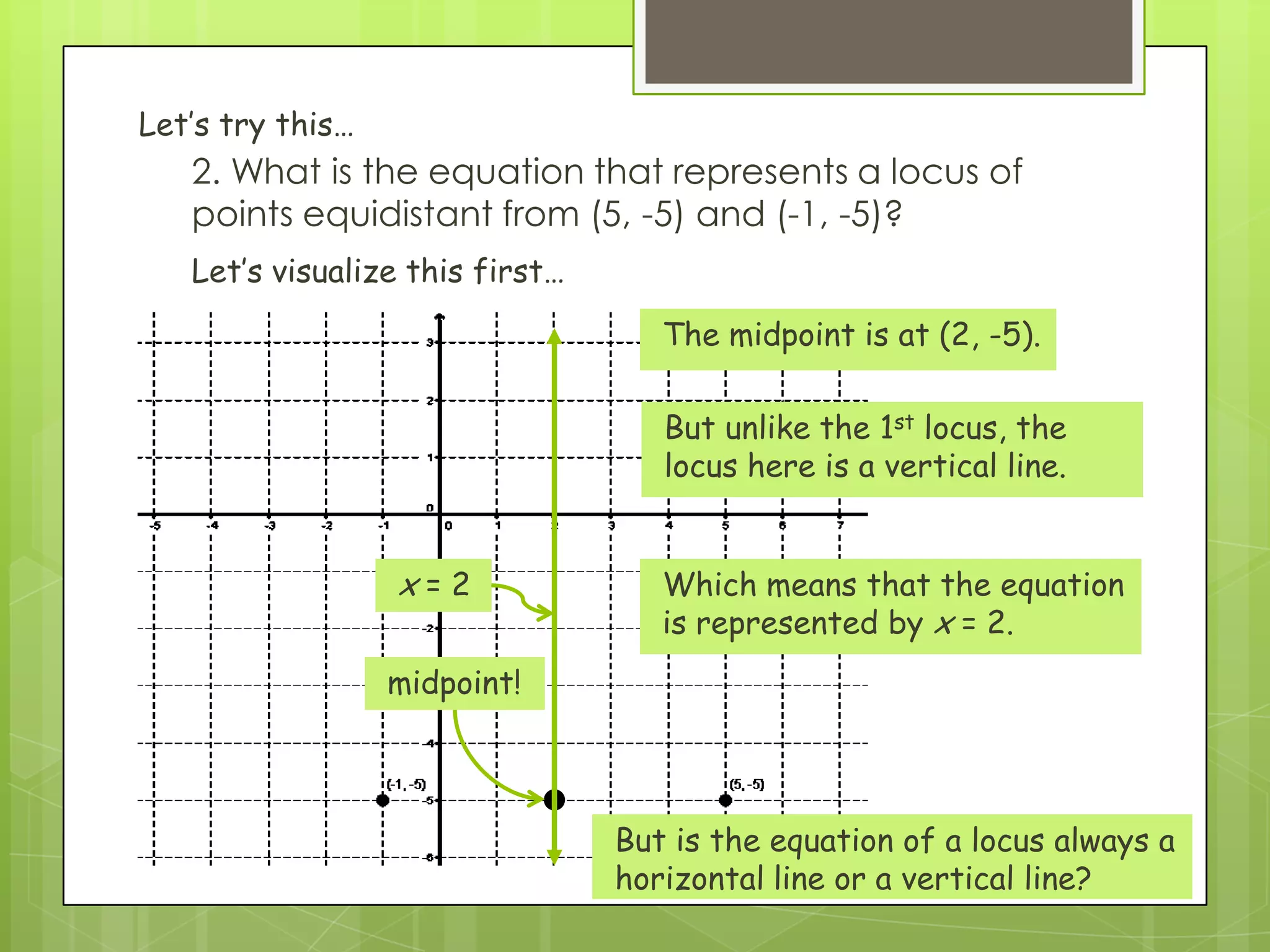 2. What is the equation that represents a locus of
points equidistant from (5, -5) and (-1, -5)?
Let’s visualize this first…
Let’s try this…
The midpoint is at (2, -5).
But unlike the 1st locus, the
locus here is a vertical line.
Which means that the equation
is represented by x = 2.
midpoint!
x = 2
But is the equation of a locus always a
horizontal line or a vertical line?
 