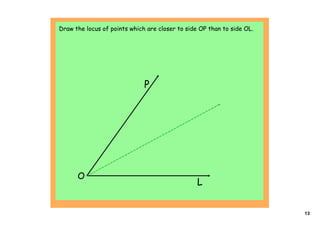 Draw the locus of points which are closer to side OP than to side OL.




                              P




      O
                                                 L


                                                                        13
 