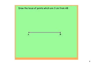Draw the locus of points which are 3 cm from AB




        A                              B




                                                  9
 