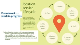 Framework…..
work in progress
Today a location service rarely ends and disappears.
Instead it will continuously be evolving and being
improved. But for each change you will need to
consider the ethics of each of your decisions, trade-
offs, interactions and whether your choices may result
in harms.
 