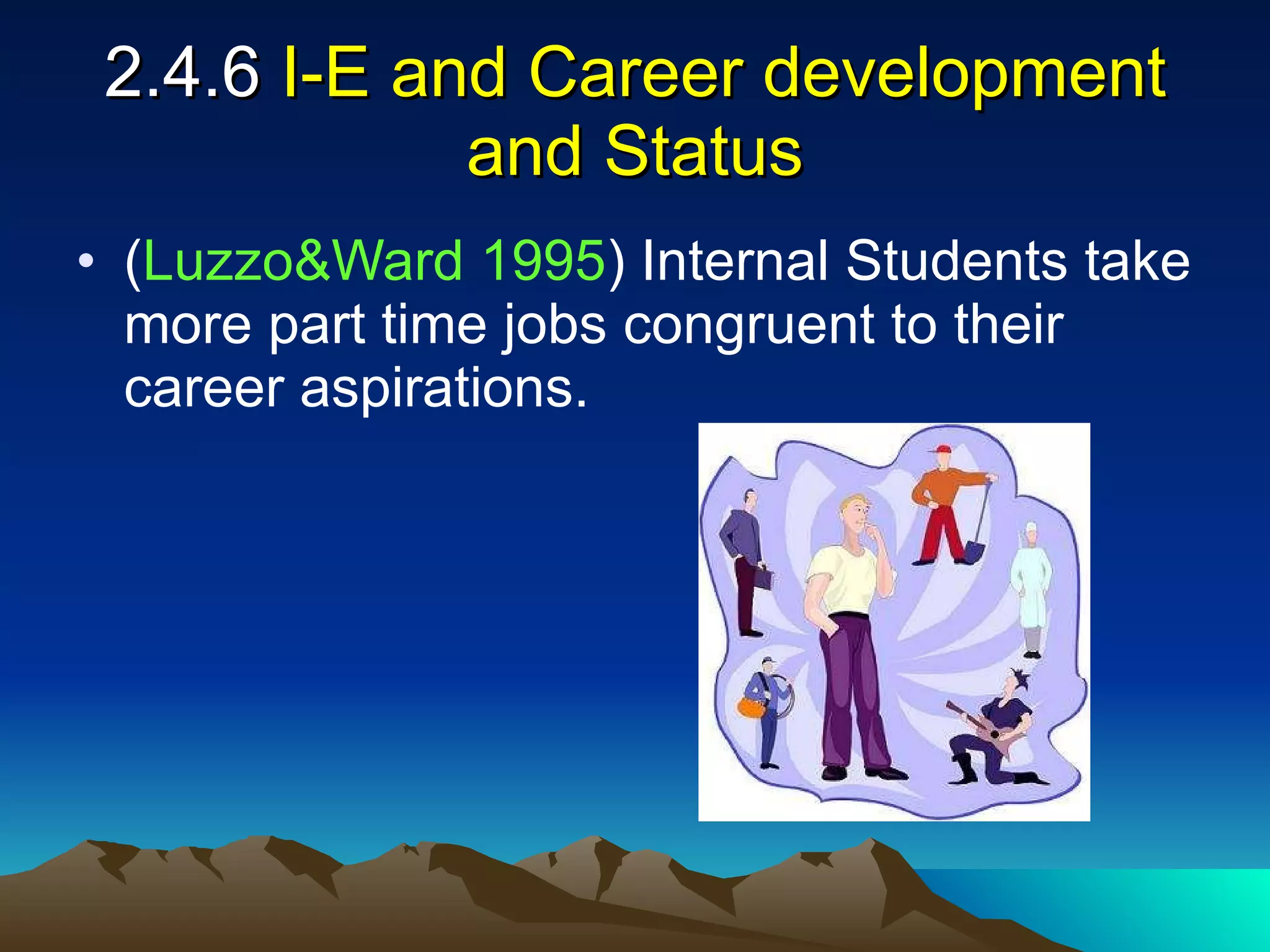 2.4.6  I-E and Career development and Status ( Luzzo&Ward 1995 ) Internal Students take more part time jobs congruent to their career aspirations. 