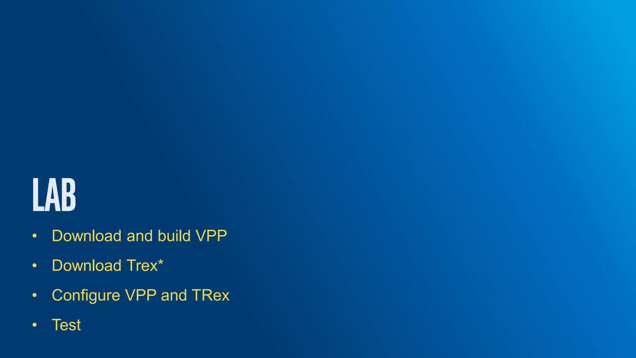 • Download and build VPP • Download Trex* • Configure VPP and TRex • Test 