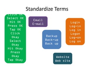 Standardize Terms
Click OK
Select OK
Hit OK
Press OK
Tap OK
Click
Okay
Select
Okay
Hit Okay
Press
Okay
Tap Okay
Backup
Back-up
Back up
Login
Log-in
Log in
Logon
Log-on
Log on
Email
E-mail
Website
Web site
 
