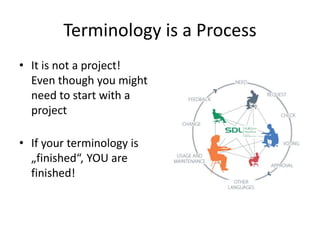 Terminology is a Process
• It is not a project!
Even though you might
need to start with a
project
• If your terminology is
„finished“, YOU are
finished!
 