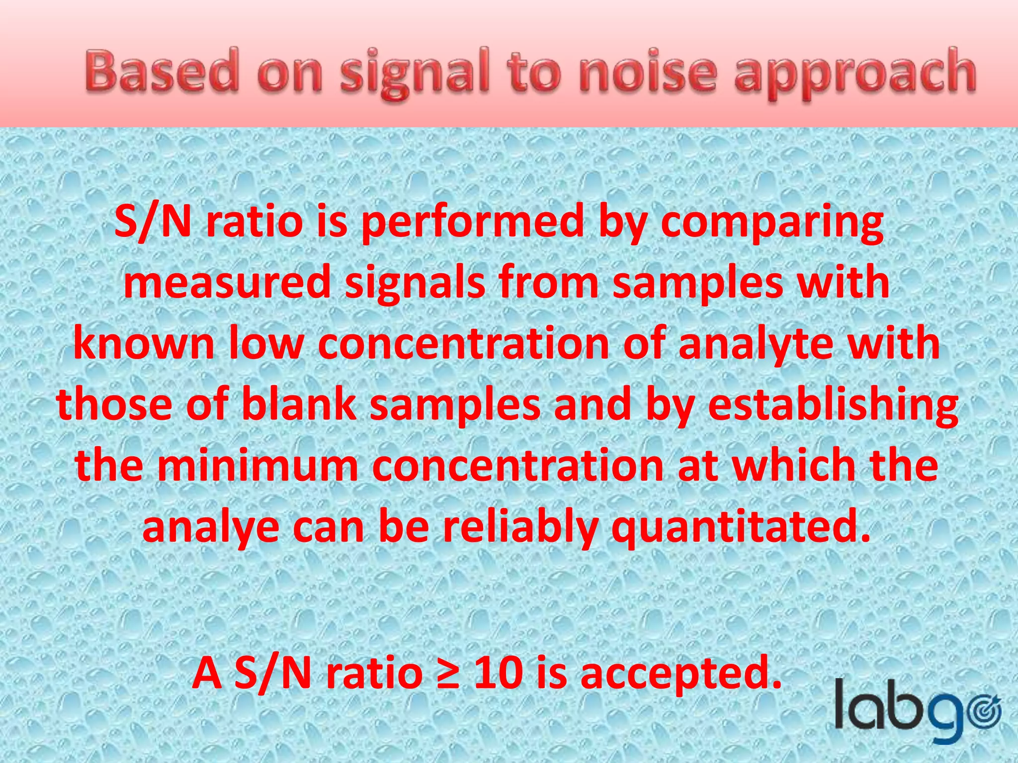 S/N ratio is performed by comparing
measured signals from samples with
known low concentration of analyte with
those of blank samples and by establishing
the minimum concentration at which the
analyte can be reliably quantitated.
A S/N ratio ≥ 10 is accepted.
 