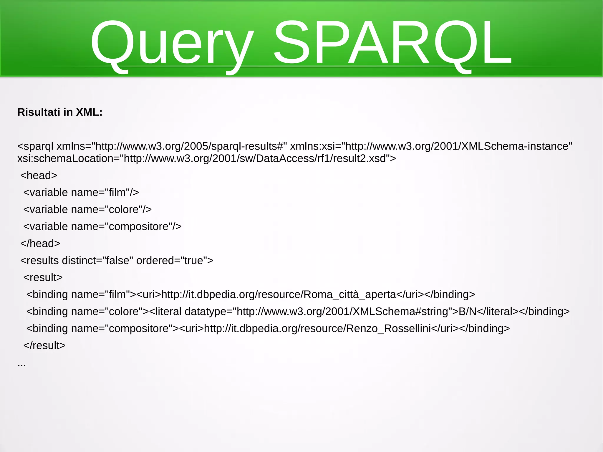Query SPARQL
Risultati in XML:
<sparql xmlns="http://www.w3.org/2005/sparql-results#" xmlns:xsi="http://www.w3.org/2001/XMLSchema-instance"
xsi:schemaLocation="http://www.w3.org/2001/sw/DataAccess/rf1/result2.xsd">
<head>
<variable name="film"/>
<variable name="colore"/>
<variable name="compositore"/>
</head>
<results distinct="false" ordered="true">
<result>
<binding name="film"><uri>http://it.dbpedia.org/resource/Roma_città_aperta</uri></binding>
<binding name="colore"><literal datatype="http://www.w3.org/2001/XMLSchema#string">B/N</literal></binding>
<binding name="compositore"><uri>http://it.dbpedia.org/resource/Renzo_Rossellini</uri></binding>
</result>
...
 