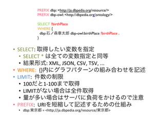 PREFIX dbp: <http://ja.dbpedia.org/resource/>	

             PREFIX dbp-owl: <http://dbpedia.org/ontology/>	

             	

             SELECT ?birthPlace	

             WHERE {	

                 dbp:石ノ森章太郎 dbp-owl:birthPlace ?birthPlace .	

             }	



•  SELECT:	
  取得したい変数を指定	
  
    •  SELECT	
  *	
  は全ての変数指定と同等	
  
    •  結果形式:	
  XML,	
  JSON,	
  CSV,	
  TSV,	
  ...	
  
•  WHERE:	
  	
  {}内にグラフパターンの組み合わせを記述	
  
•  LIMIT:	
  	
  件数の制限	
  
    •  100だと1-­‐100まで取得	
  
    •  LIMITがない場合は全件取得	
  
    •  量が多い場合はサーバに負荷をかけるので注意	
  
•  PREFIX:	
  	
  URIを短縮して記述するための仕組み	
  
  •  dbp:東京都	
  =	
  <hYp://ja.dbpedia.org/resource/東京都>	
  
  	
  
 