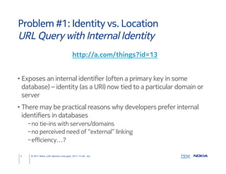 Problem #1: Identity vs. Location
URL Query with Internal Identity	
!
                                             http://...
