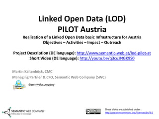 Linked Open Data (LOD)
PILOT Austria
Realisation of a Linked Open Data basic Infrastructure for Austria
Objectives – Activities – Impact – Outreach
Project Description (DE language): http://www.semantic-web.at/lod-pilot-at
Short Video (DE language): http://youtu.be/q3cuzNGK9S0
Martin Kaltenböck, CMC
Managing Partner & CFO, Semantic Web Company (SWC)
@semwebcompany

These slides are published under :
http://creativecommons.org/licenses/by/3.0

 