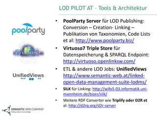LOD PILOT AT – Tools & Architektur 
• PoolParty Server für LOD Publishing: 
Conversion – Creation- Linking – 
Publikation von Taxonomien, Code Lists 
et al: http://www.poolparty.biz/ 
• Virtuoso7 Triple Store für 
Datenspeicherung & SPARQL Endpoint: 
http://virtuoso.openlinksw.com/ 
• ETL & andere LOD Jobs: UnifiedViews 
http://www.semantic-web.at/linked-open- 
data-management-suite-lodms/ 
• SILK für Linking: http://wifo5-03.informatik.uni-mannheim. 
de/bizer/silk/ 
• Weitere RDF Converter wie Triplify oder D2R et 
al: http://d2rq.org/d2r-server 
 