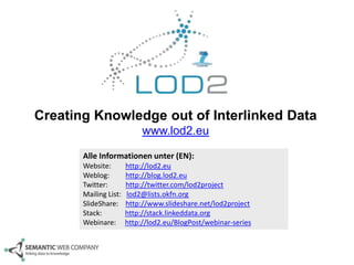 Creating Knowledge out of Interlinked Data 
www.lod2.eu 
Alle Informationen unter (EN): 
Website: http://lod2.eu 
Weblog: http://blog.lod2.eu 
Twitter: http://twitter.com/lod2project 
Mailing List: lod2@lists.okfn.org 
SlideShare: http://www.slideshare.net/lod2project 
Stack: http://stack.linkeddata.org 
Webinare: http://lod2.eu/BlogPost/webinar-series 
 