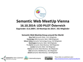 Semantic Web MeetUp Vienna 
16.10.2014: LOD PILOT Österreich 
Gegründet: 15.6.2009 | 20 MeetUps bis 2014 | 361 Mitglieder 
SemanticWeb MeetUp Group around the World: 
New York SemanticWeb: 1.611 Mitglieder 
Cambridge (MA) Semantic Web: 1088 Mitglieder 
Silicon Valley Semantic Technology Group: 922 Mitglieder 
Washington Semantic Web: 560 Mitglieder 
The Berlin SemanticWeb MeetUp: 560 Mitglieder 
London Semantic Web: 516 Mitglieder 
Vienna SemanticWeb MeetUp: 361 Mitglieder 
Oslo SemanticWebMeetUp: 201 Mitglieder 
Zürich Semantic Web MeetUp: 164 Mitglieder 
These slides are published under : 
http://@semwebcompany creativecommons.org/licenses/by/3.0 
 