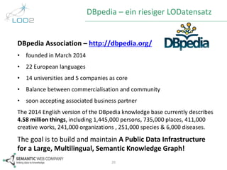 DBpedia – ein riesiger LODatensatz 
DBpedia Association – http://dbpedia.org/ 
• founded in March 2014 
• 22 European languages 
• 14 universities and 5 companies as core 
• Balance between commercialisation and community 
• soon accepting associated business partner 
The 2014 English version of the DBpedia knowledge base currently describes 
4.58 million things, including 1,445,000 persons, 735,000 places, 411,000 
creative works, 241,000 organizations , 251,000 species & 6,000 diseases. 
The goal is to build and maintain A Public Data Infrastructure 
for a Large, Multilingual, Semantic Knowledge Graph! 
20 
 
